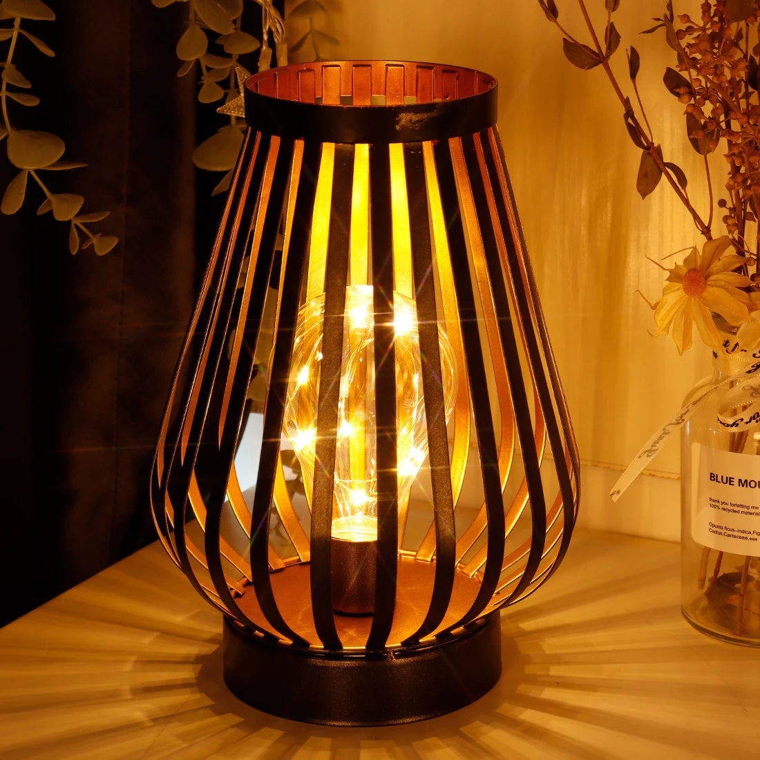 Metal Cage Candle Holder Lantern Battery Powered Table Lamp LED Lanterns Cordless Light for Bedroom Wedding Party Home Decor