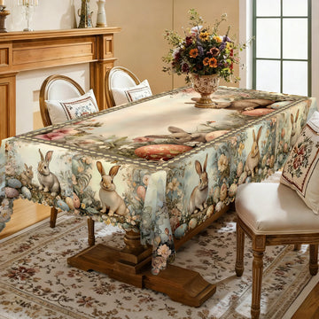 Luxurious Fairy Tale-Themed Tablecloth, Fluffy Cute Bunny, Vibrant Eggs, Delicate Floral Print Pattern, Multiple Size Options, Embossed Edges, Waterproof, Wrinkle-Resistant, Fade-Resistant, Perfect Easter Gift for Family and